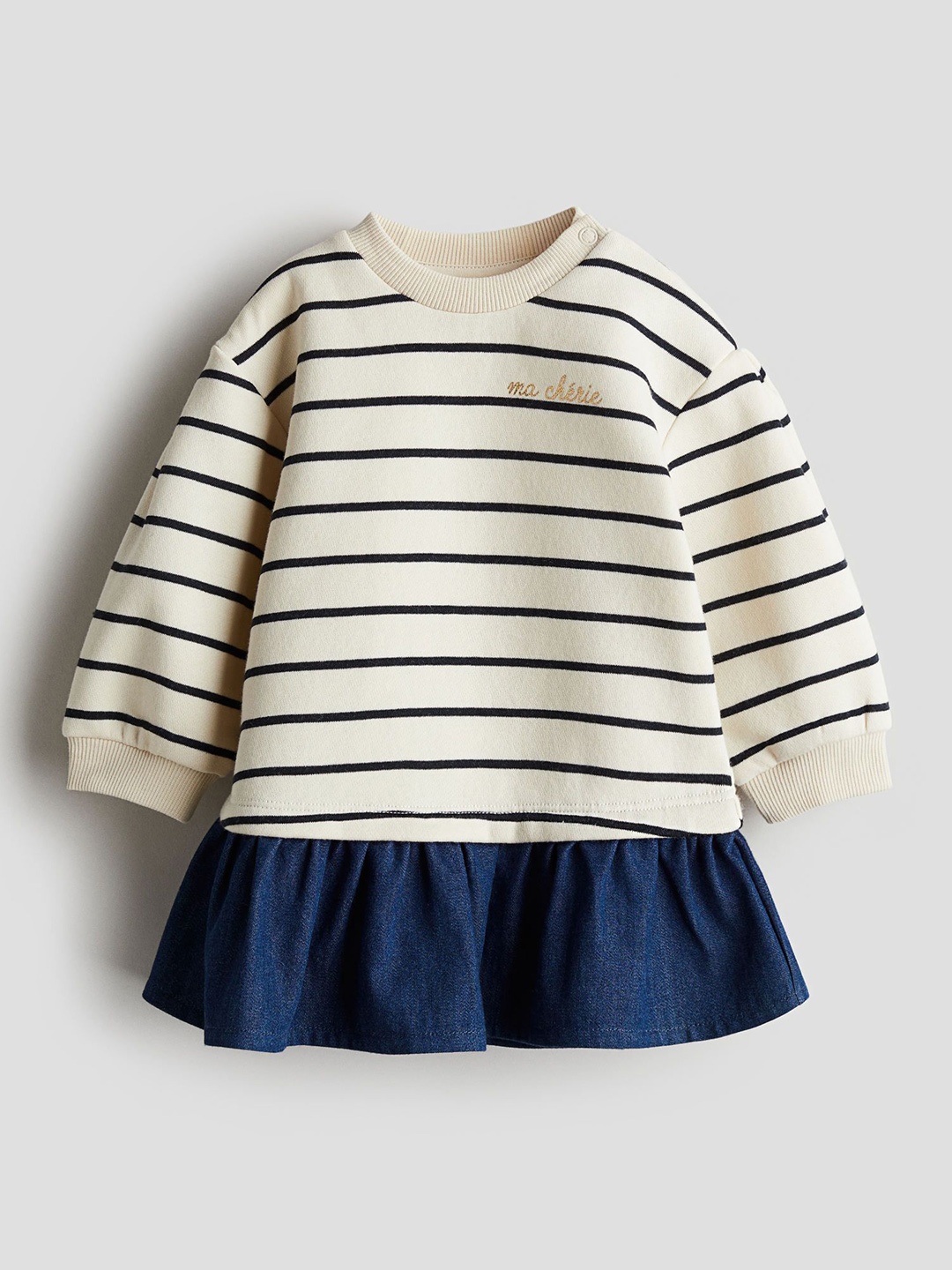

H&M Girls Striped Pure Cotton Drop-Waist Dress, Beige