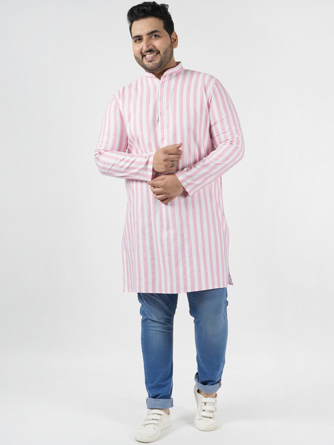 

LastInch Plus Size Striped Band Collar Cotton Straight Kurta, Pink