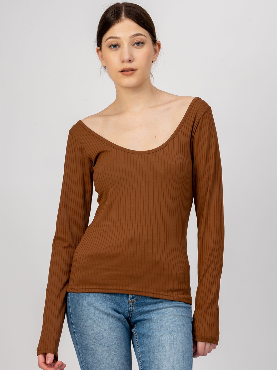 

Redamancii Women Striped Regular Top, Coffee brown