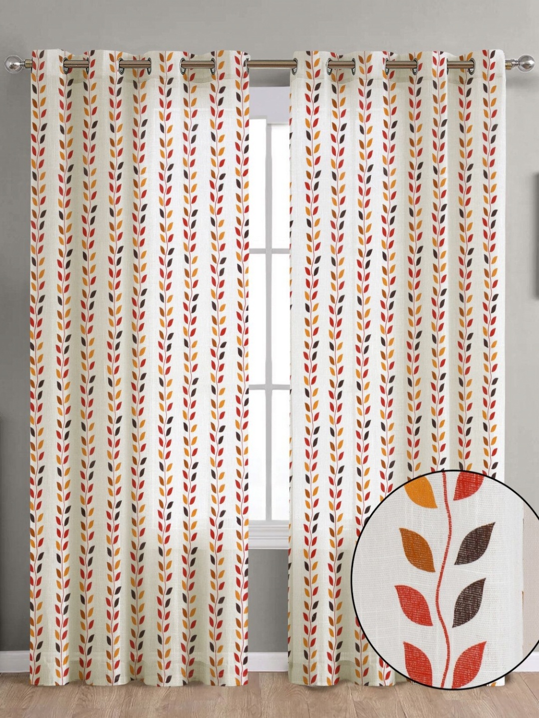 

THE LINEN COMPANY White & Red 2 Pieces Floral Printed Sheer Door Curtains