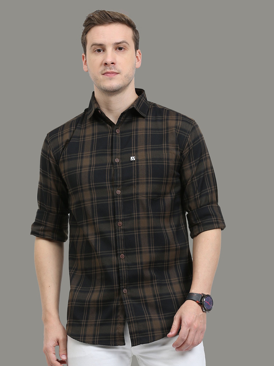 

ALLWIN PAUL Men Comfort Cutaway Collar Shepherd Checked Cotton Casual Shirt, Brown