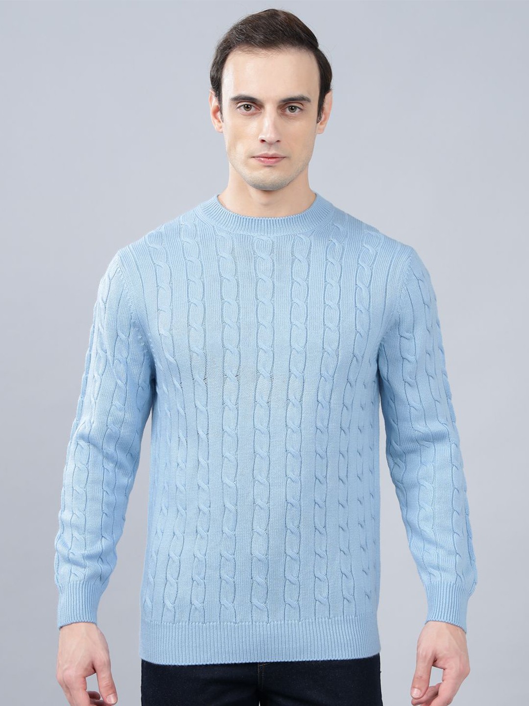 

Cantabil Men Cable Knit Self Design Pullover Sweaters, Blue