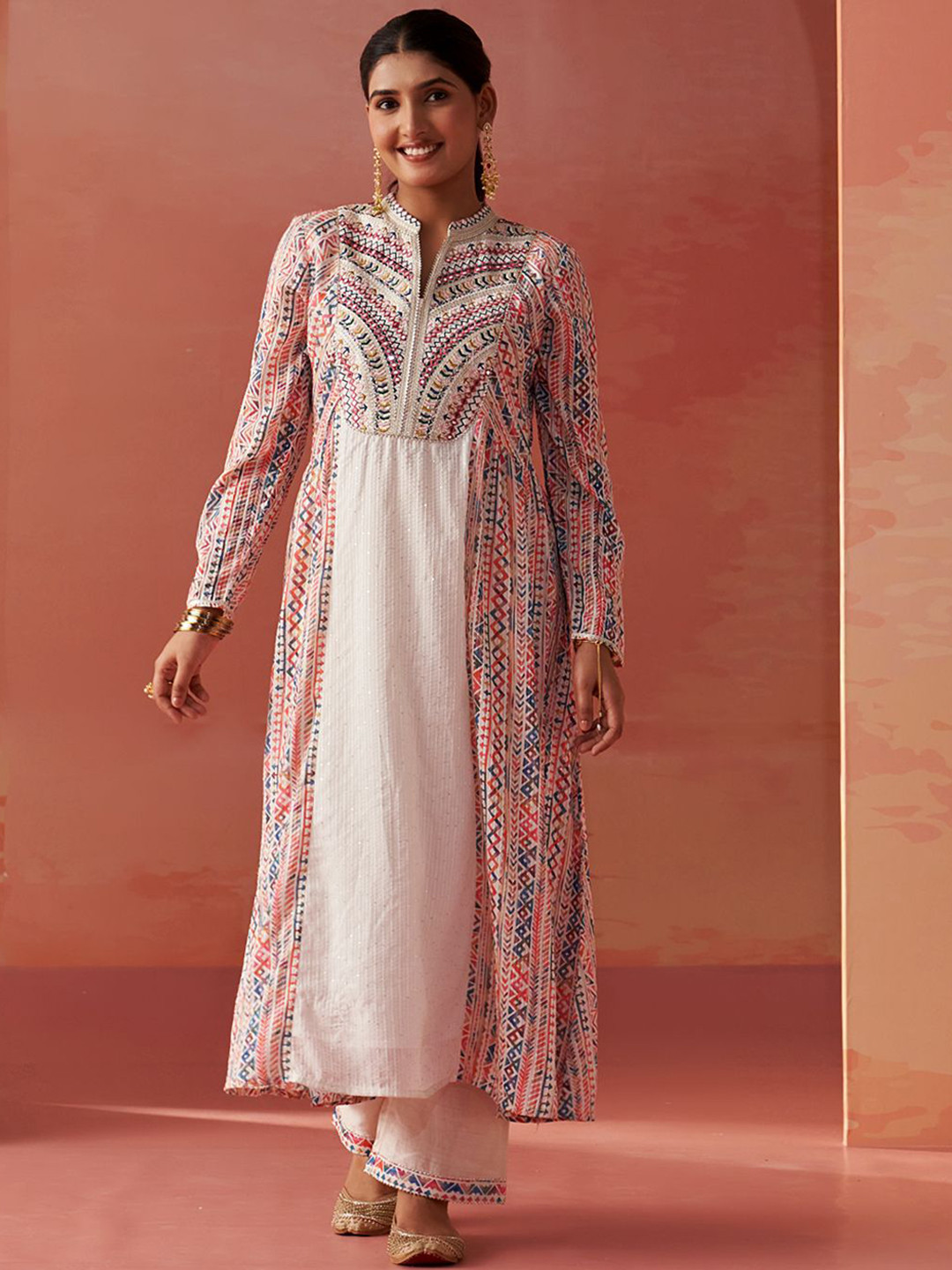 

Lakshita Geometric Printed Mirror Work Georgette Kurta with Trousers, Pink