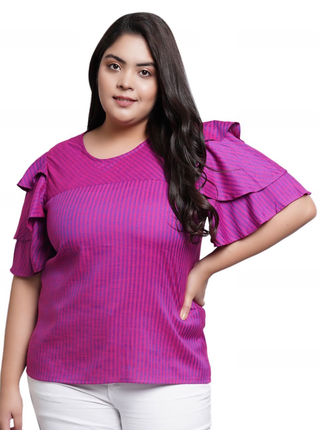 

YASH GALLERY Striped Flared Sleeve Top, Purple