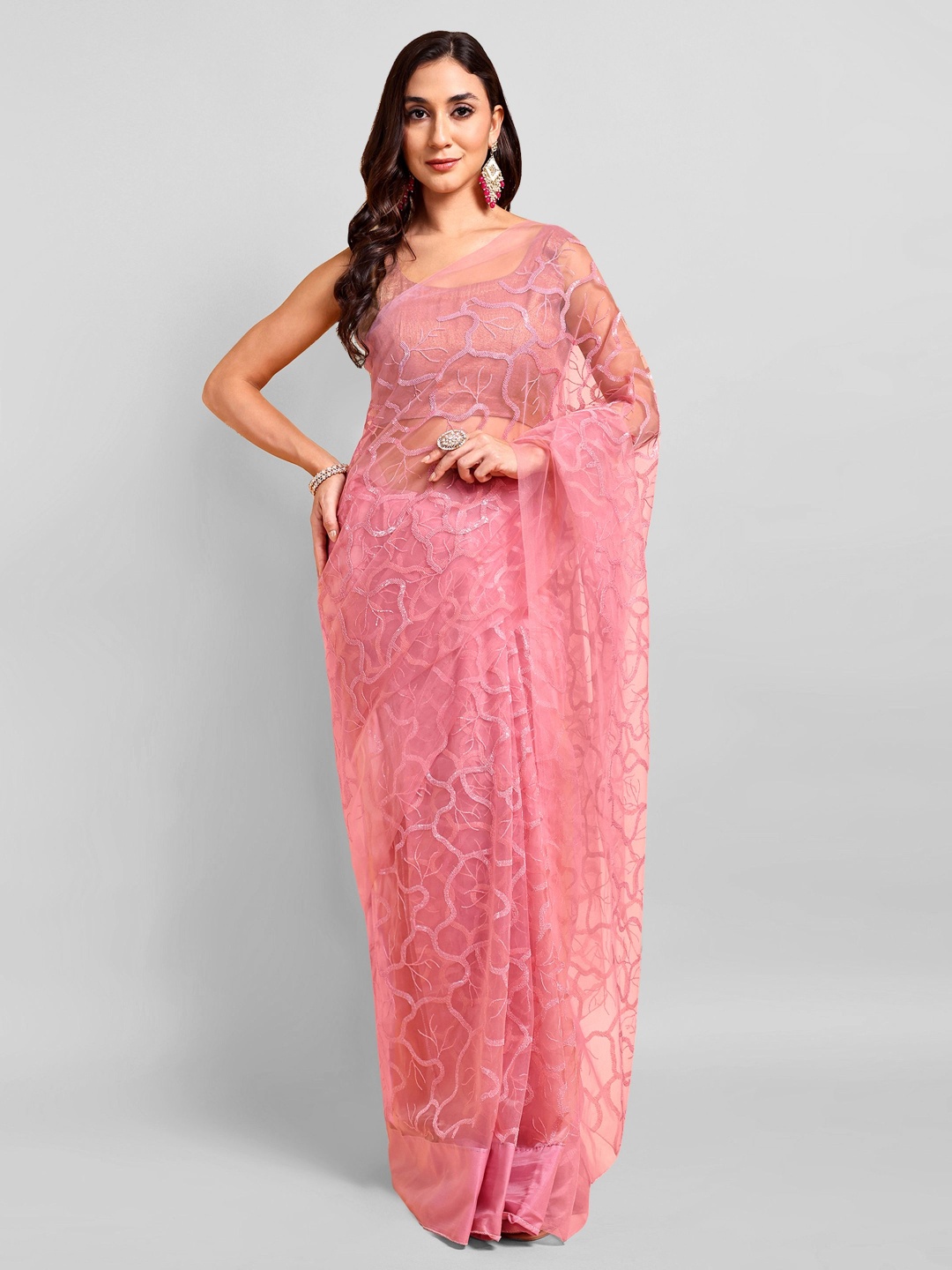 

DOERAA Ethnic Motifs Embroidered Net Saree, Pink