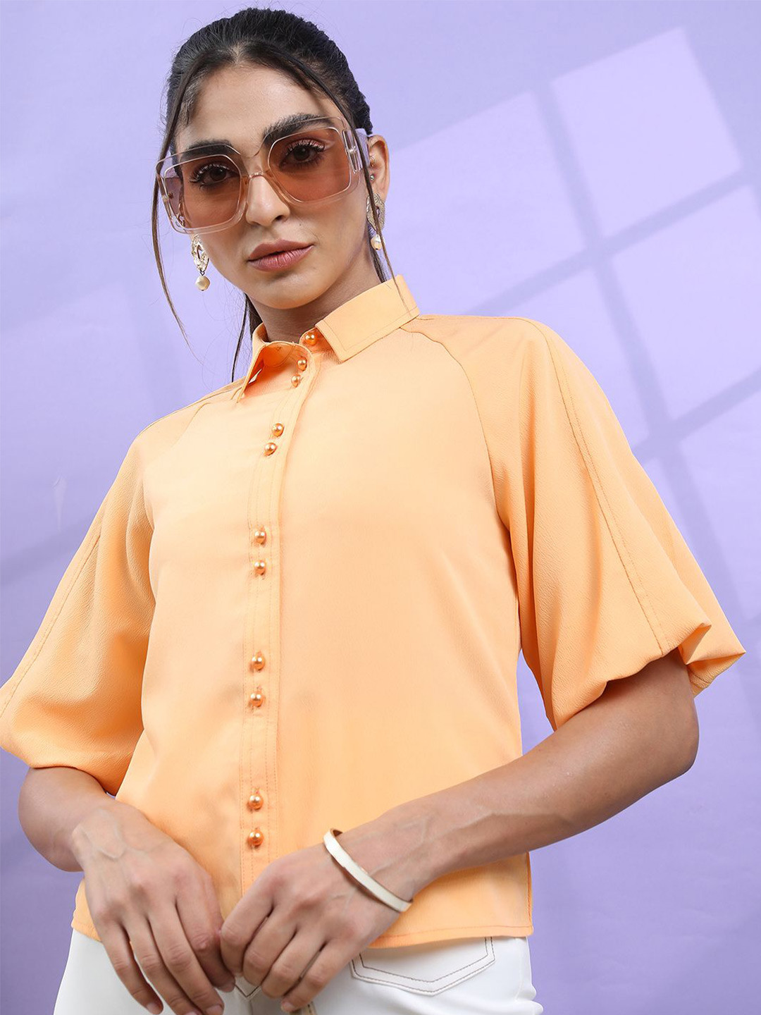 

Tokyo Talkies Women Solid Shirt Collar Top, Orange