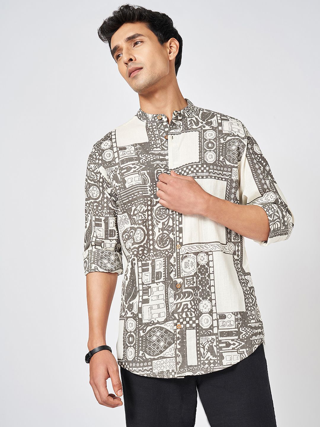 

7 Alt by Pantaloons Men Band Collar Ethnic Motifs Printed Cotton Slim Fit Casual Shirt, Grey