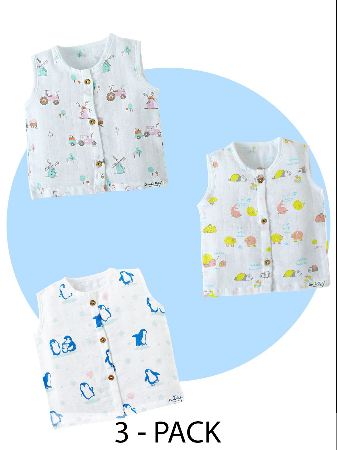 

Honcho Baby Unisex Kids Pack Of 3 Conversational Printed Round Neck Cotton Tops, White