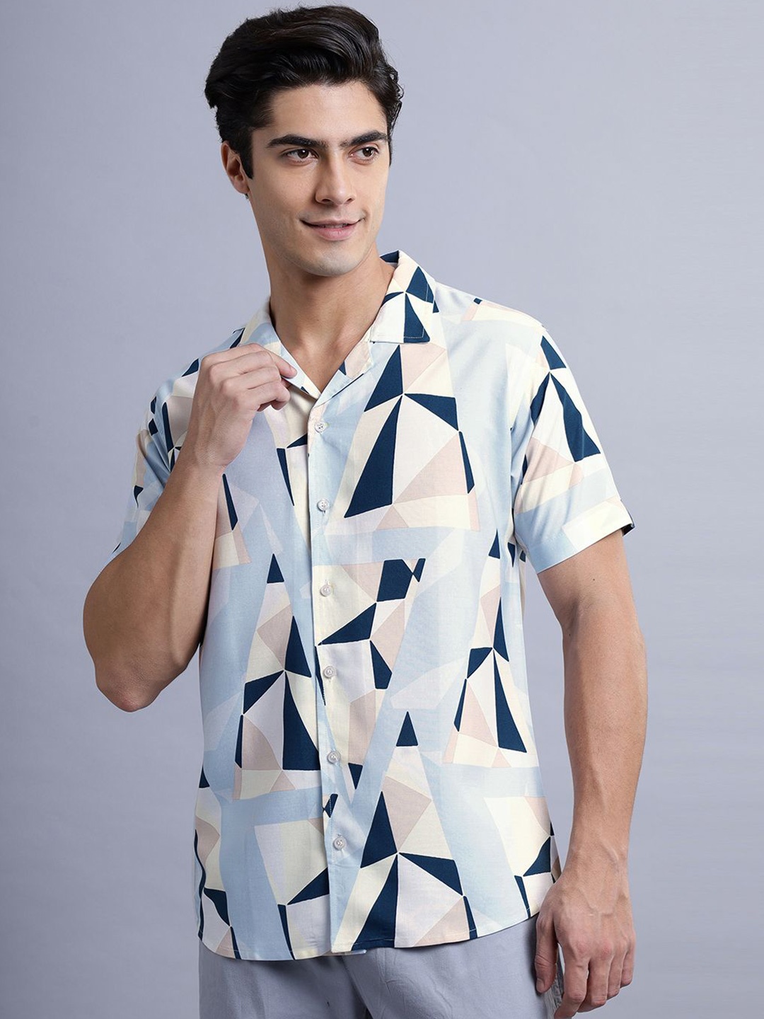 

N AND J Men Classic Spread Collar Geometric Printed Cotton Casual Shirt, Blue