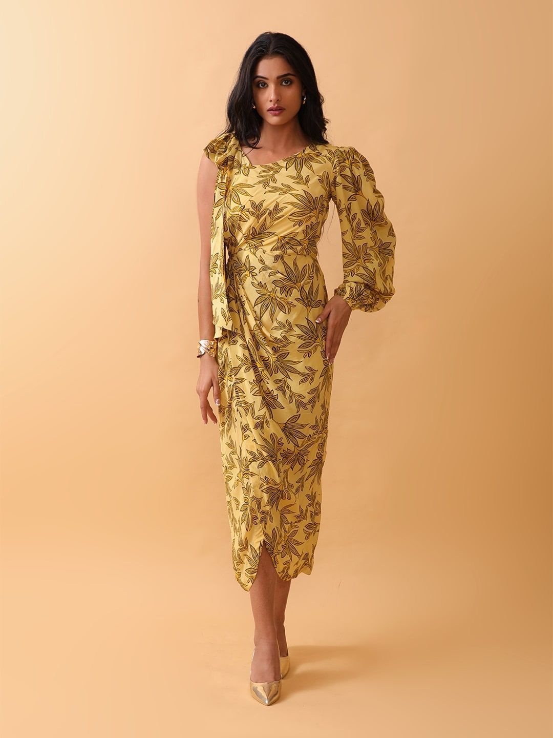 

NH KAPDEWALA Women Floral Printed Puff Sleeves A-Line Dress, Gold
