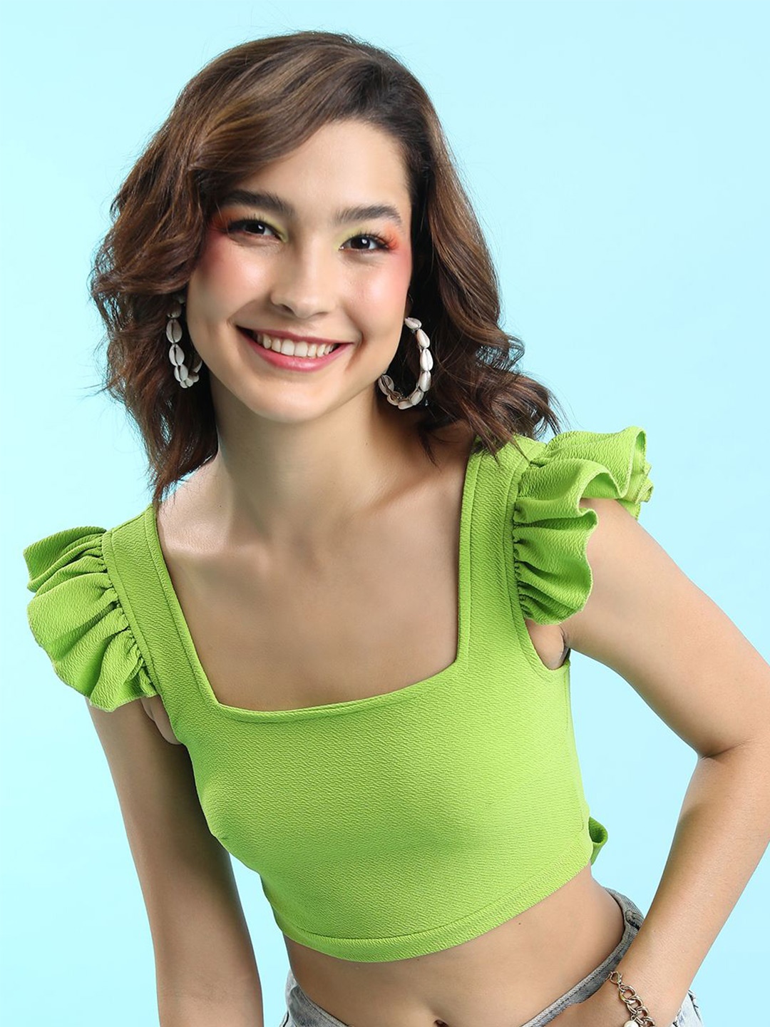 

Tokyo Talkies Women Solid Square Neck Top, Green