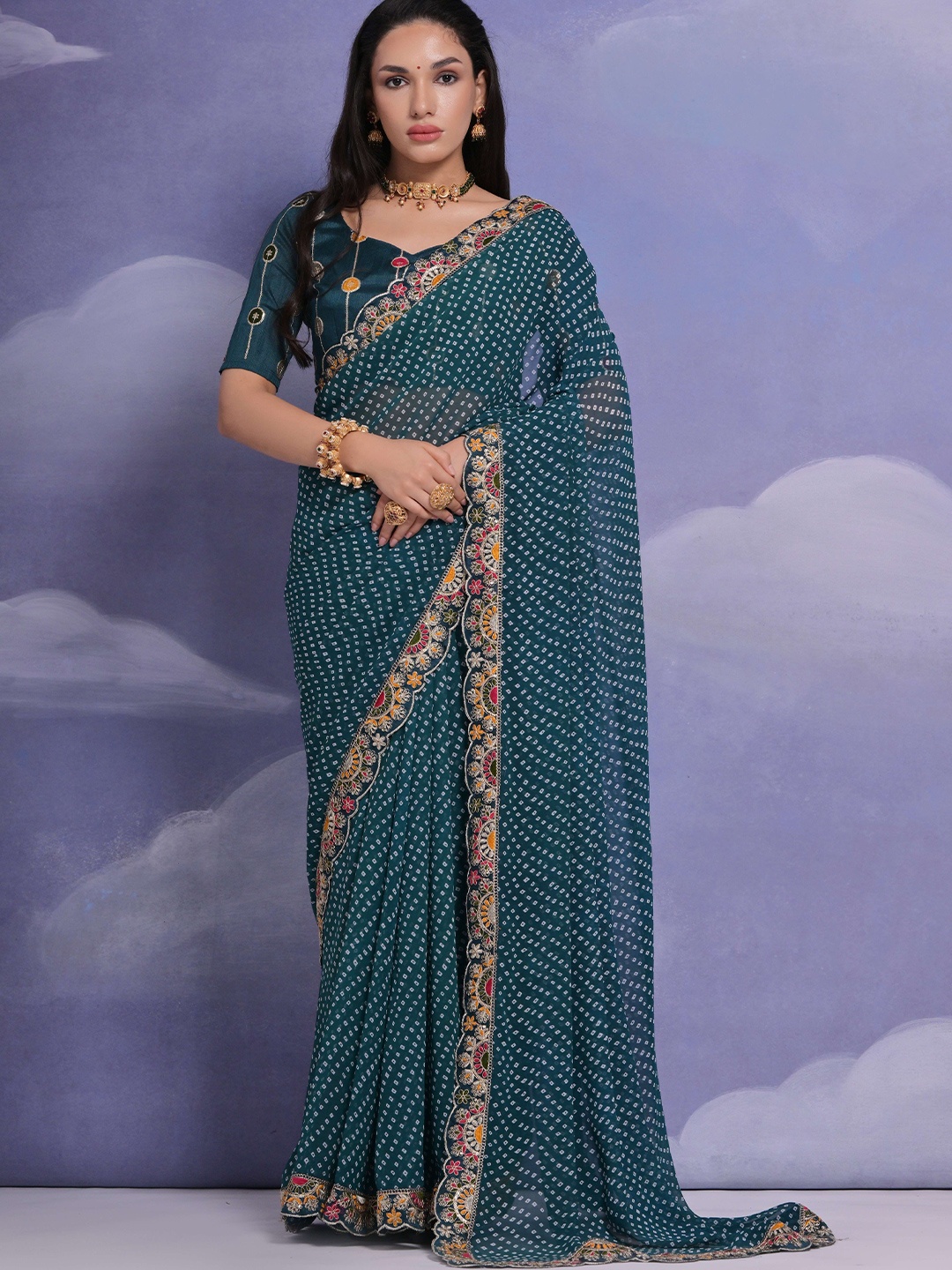 

Krimmple Bandhani Sequinned Pure Georgette Saree, Blue