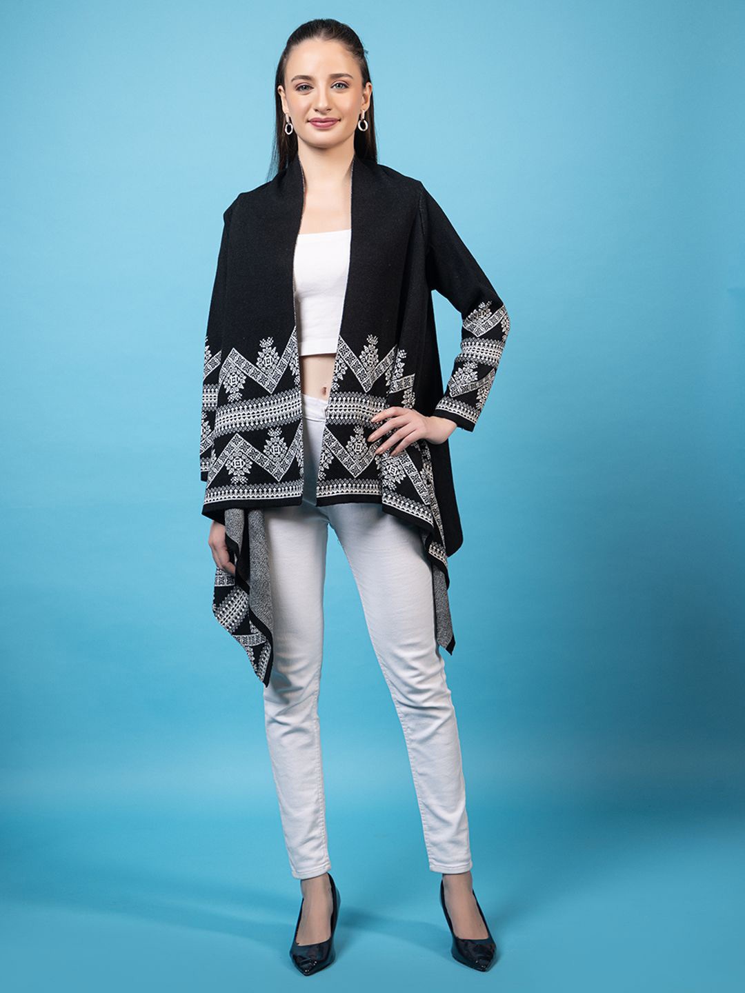 

Anouk Printed Open Front Shrug, Black