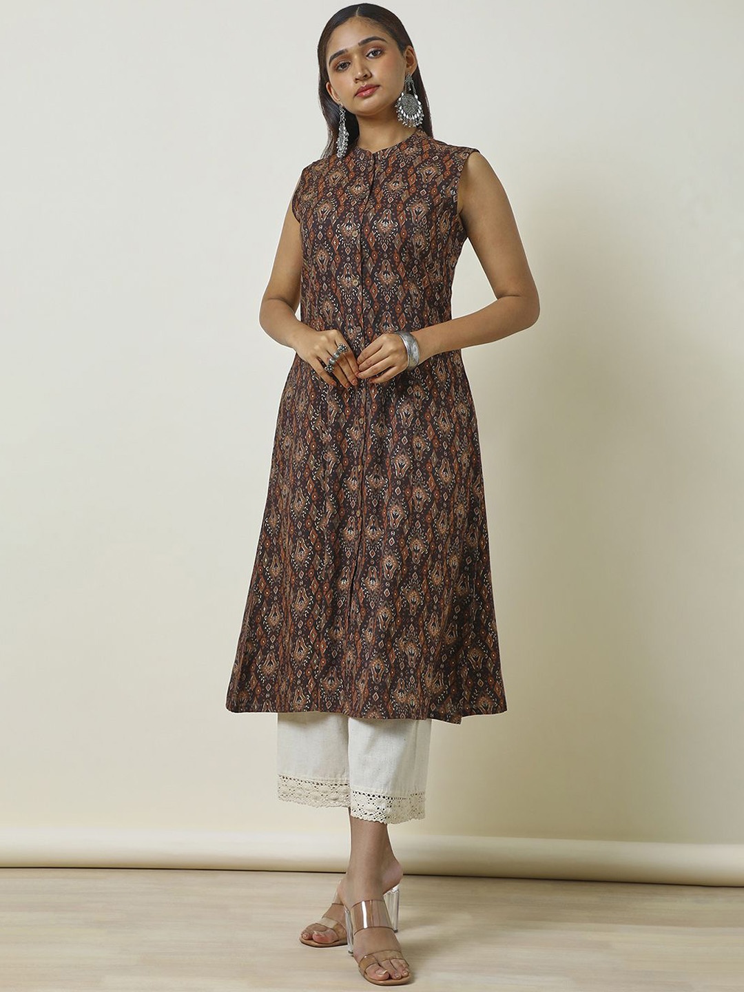 

Soch Ethnic Motifs Printed Mandarin Collar Straight Kurta, Brown