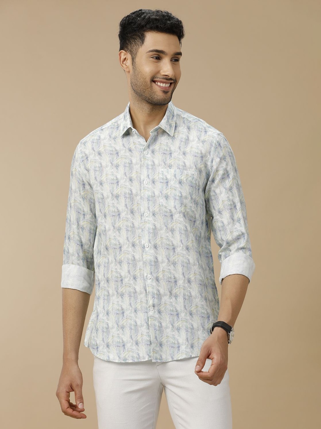 

Linen Club Men Contemporary Spread Collar Abstract Printed Linen Slim Fit Casual Shirt, Off white