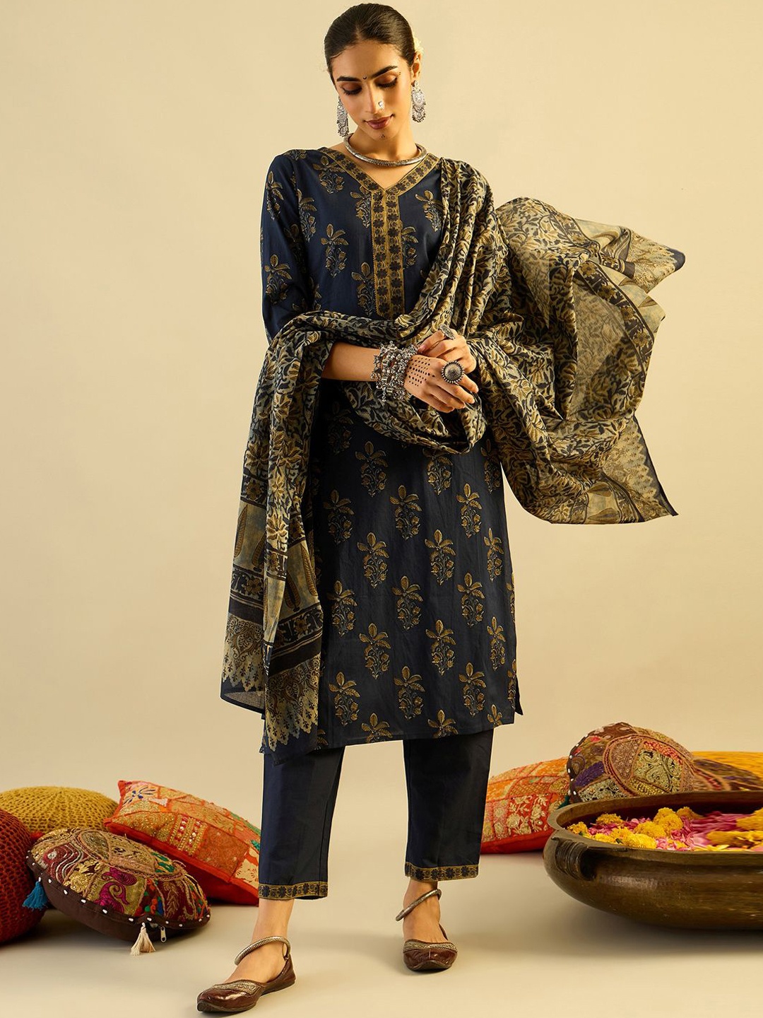 

Indo Era Navy Blue Floral Printed V-Neck Pure Cotton Kurta with Trousers & Dupatta