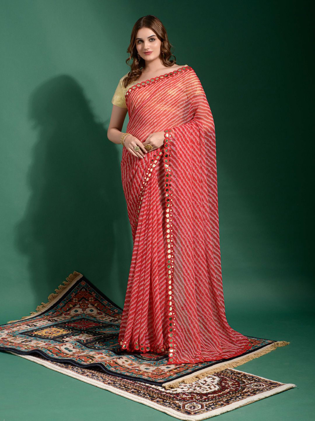 

Krimmple Leheriya Sequinned Pure Chiffon Saree, Red