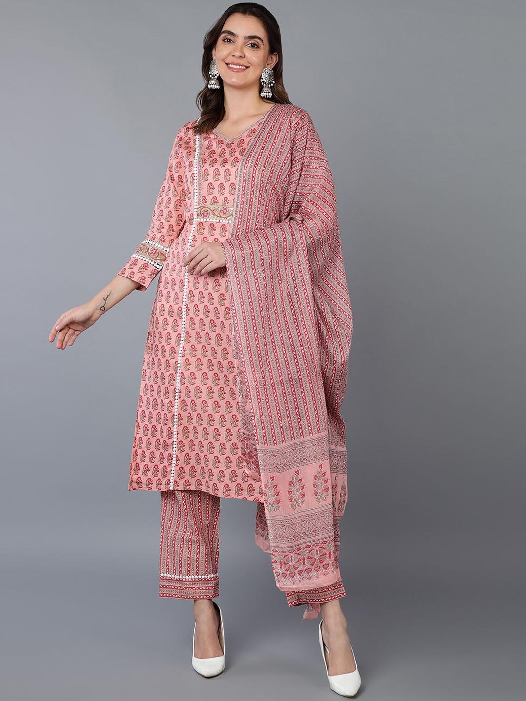 

AHIKA Pink Ethnic Motifs Printed V-Neck Pure Cotton Kurta with Trousers & Dupatta