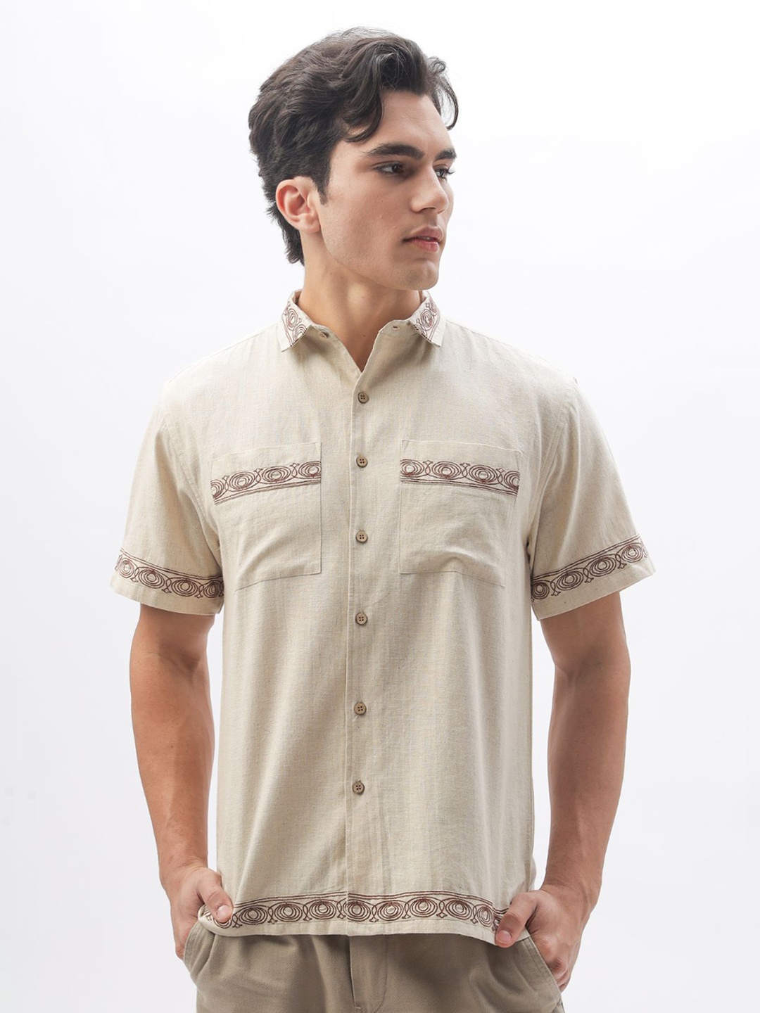 

HAMPTONS Men Embroidered Casual Shirt, Cream