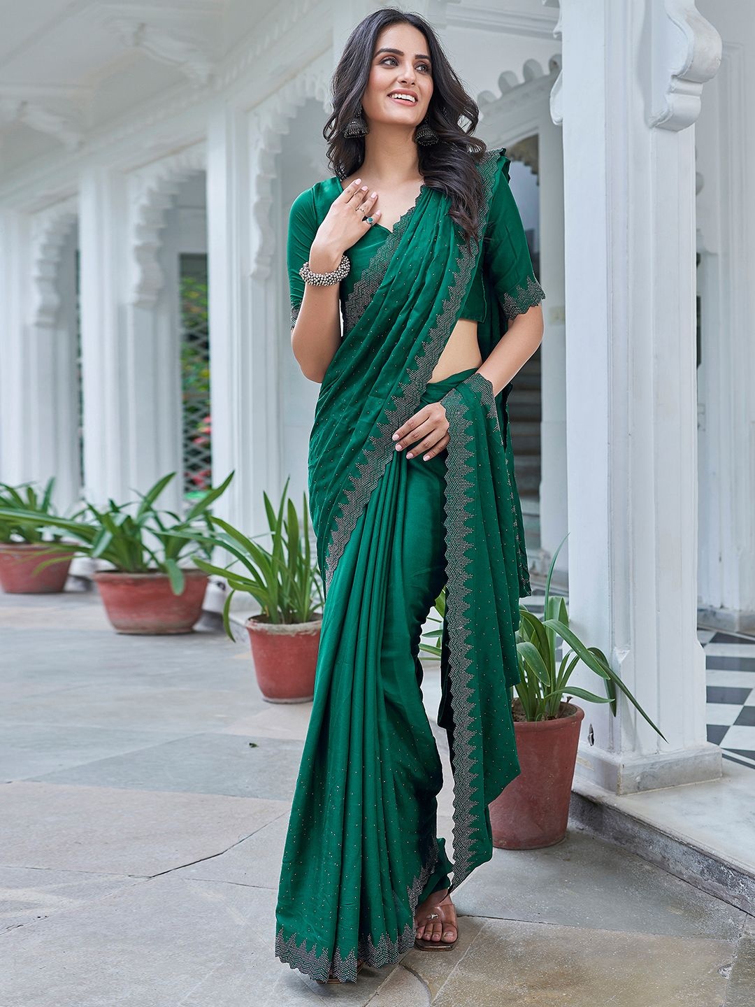 

Mitera Embellished Beads and Stones Satin Saree, Green