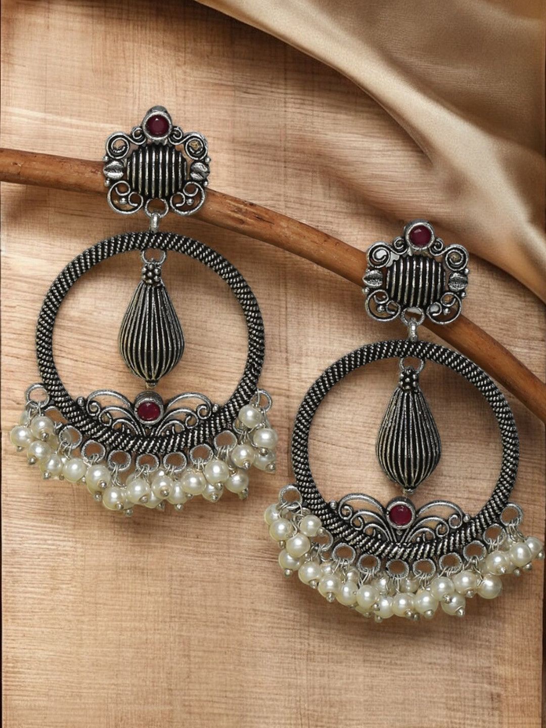 

OOMPH Contemporary Artificial Stones And Beads Studded Oxidised Drop Earrings, Silver