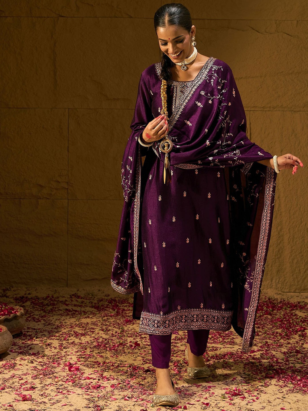 

Indo Era Ethnic Motifs Embroidered Kurta With Trousers & Dupatta, Purple