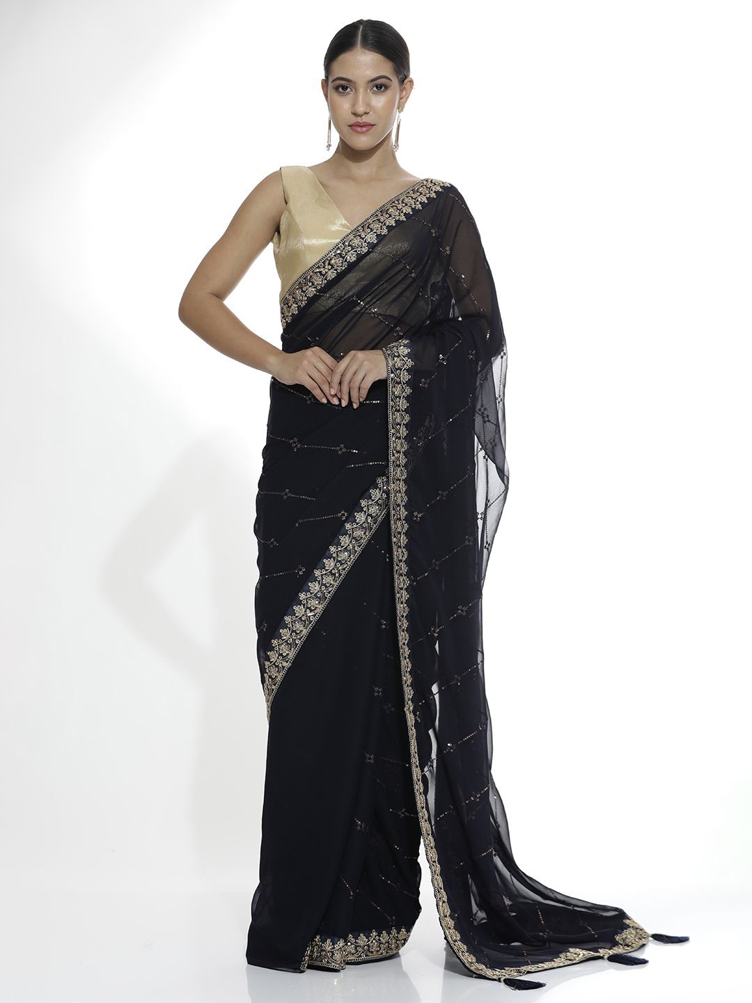 

Jaipur Kurti Embellished Embroidered Pure Georgette Saree, Blue