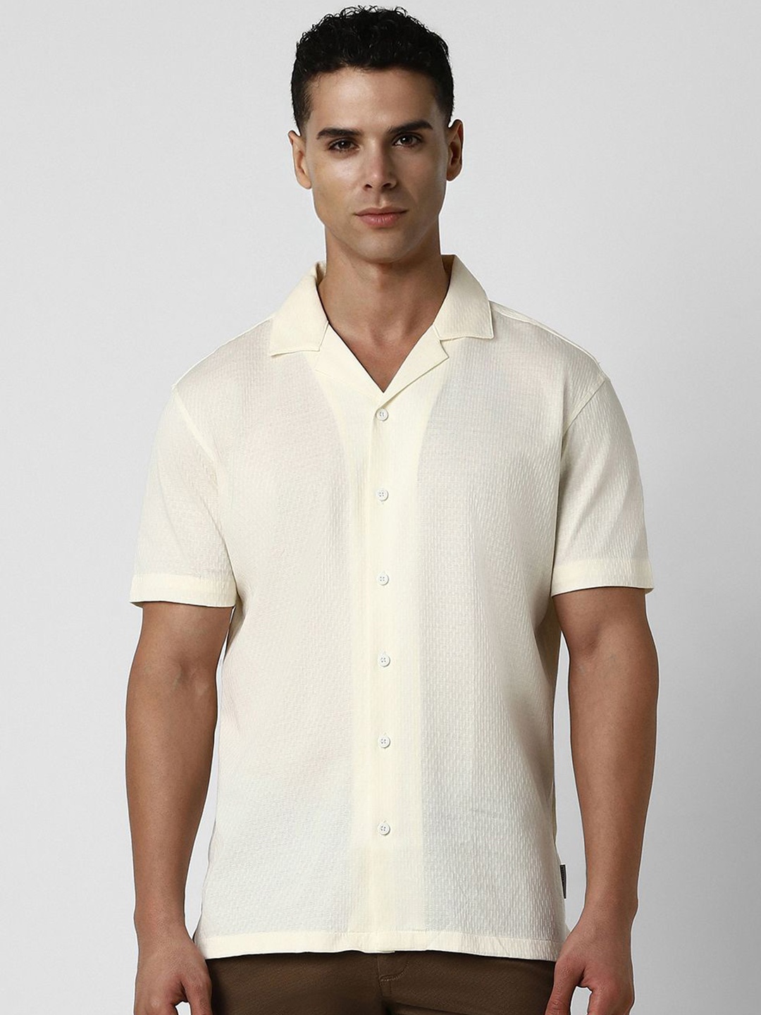 

V Dot Men Slim Fit Opaque Casual Cotton Shirt, Cream