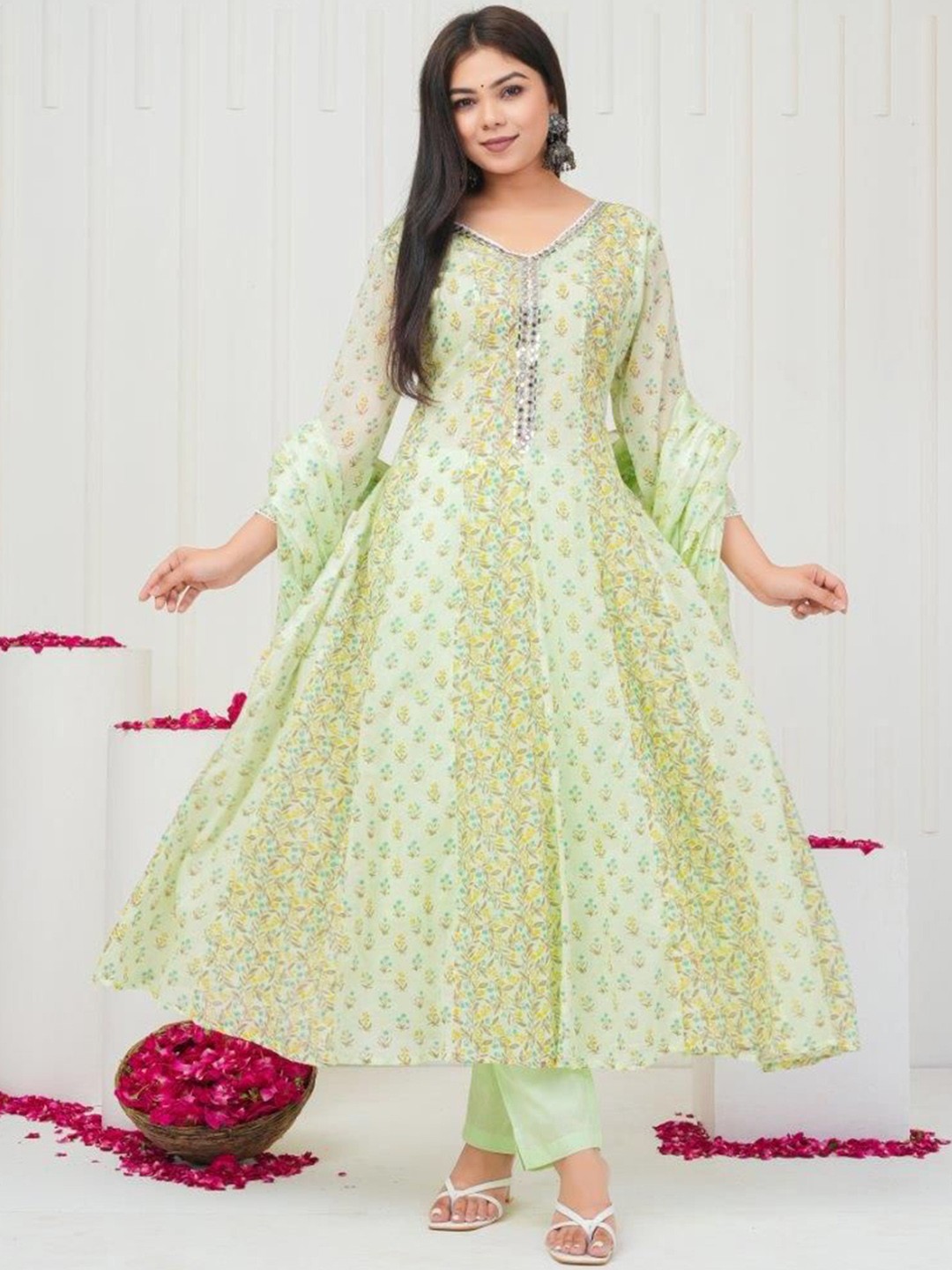 

SIGNORIA Floral Printed Mirror Work Pure Cotton Anarkali Kurta with Trousers & Dupatta, Fluorescent green