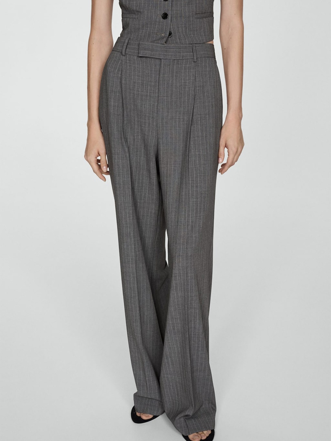 

MANGO Women Pinstripe Pleated Formal Trousers, Charcoal