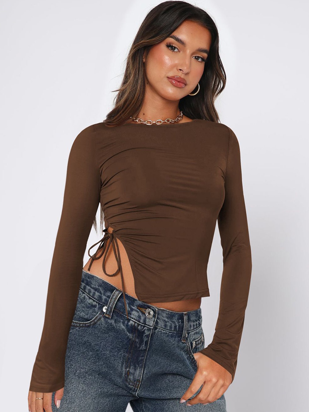 

JC Mode Women Round Neck Fitted Crop Top, Coffee brown