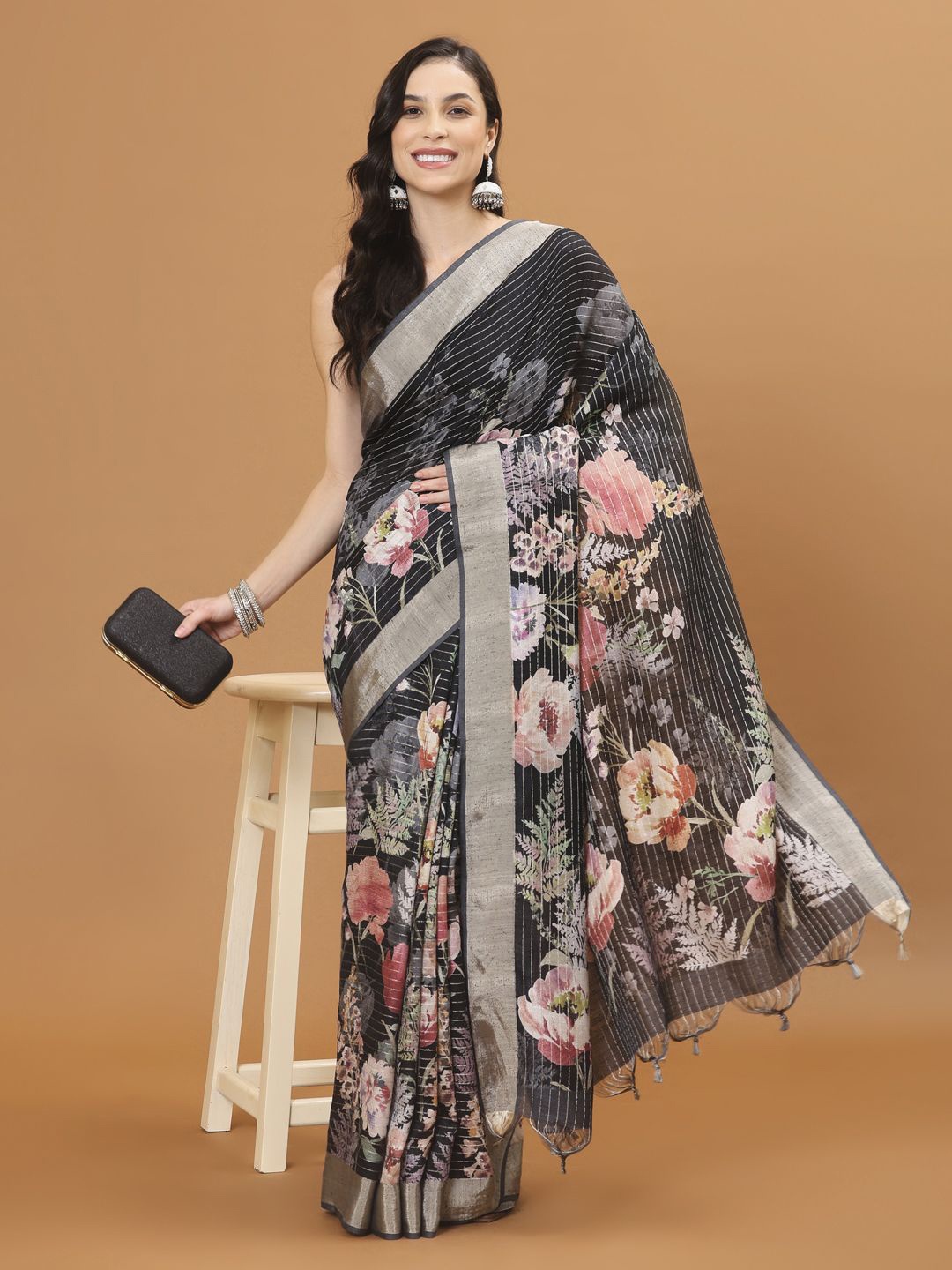 

Meena Bazaar Floral Printed Zari Tussar Saree, Black