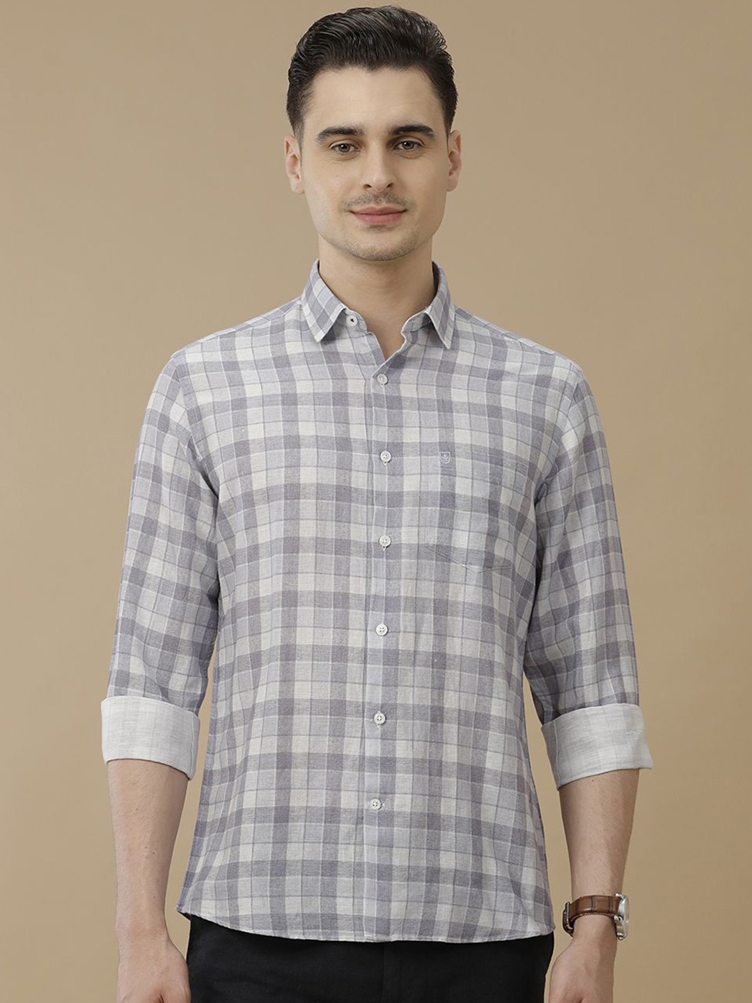 

Linen Club Men Contemporary Slim Fit Opaque Checked Casual Shirt, Grey