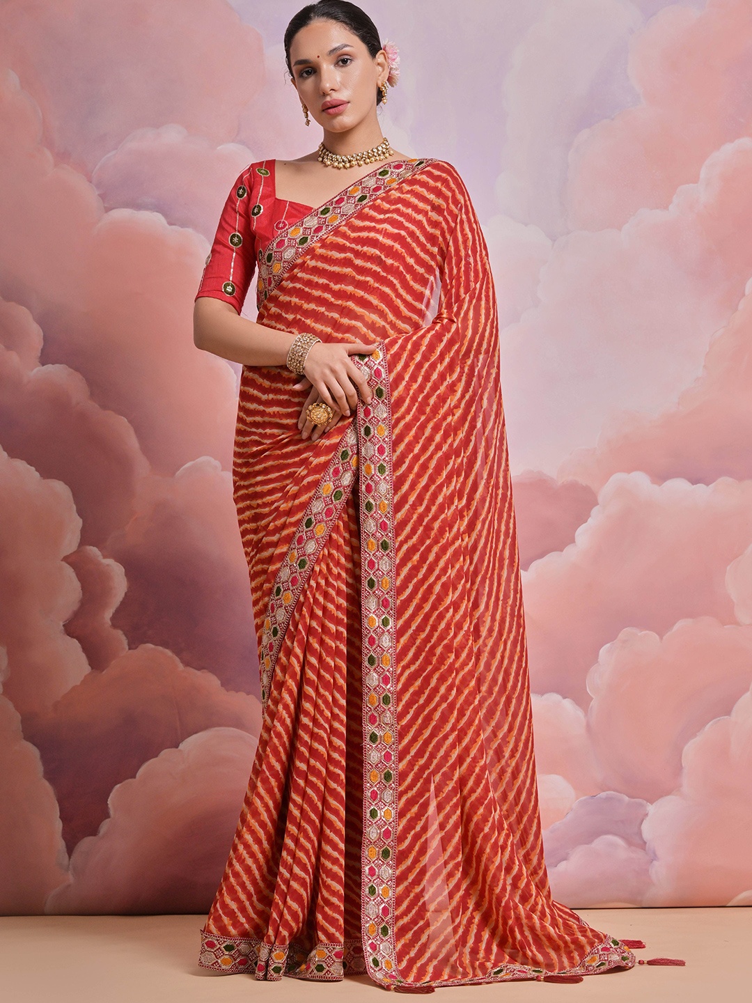

Krimmple Leheriya Embroidered Pure Georgette Saree, Red