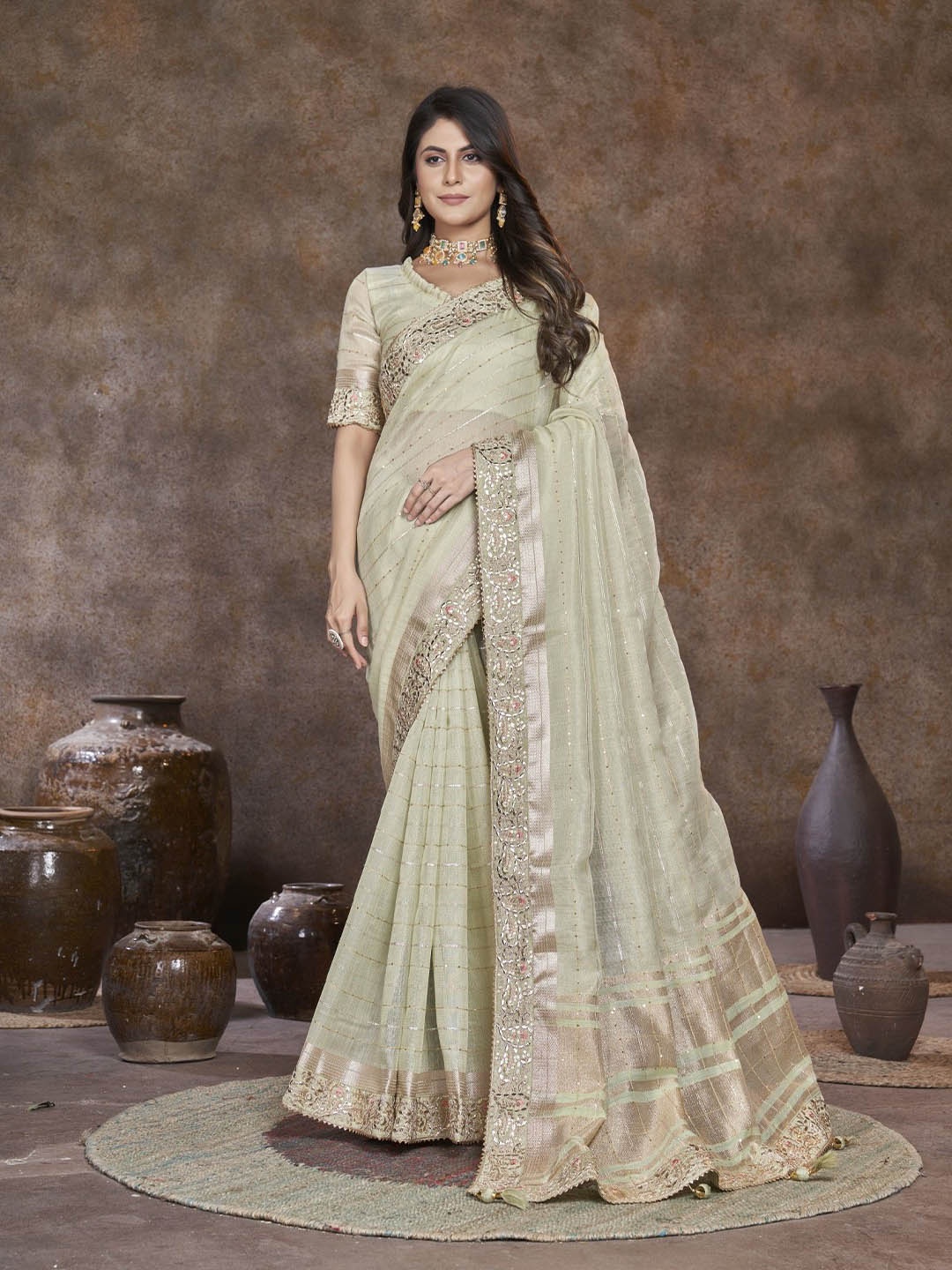 

Panzora Embellished Striped Sequinned Linen Blend Saree, Green