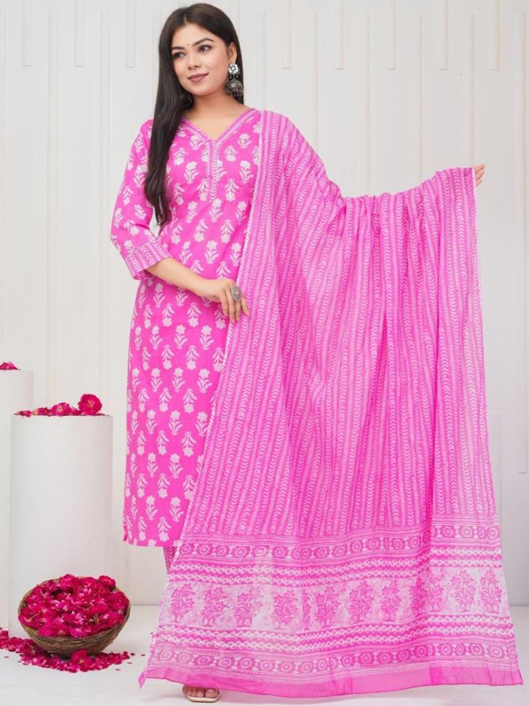 

SIGNORIA Floral Printed Sequinned Pure Cotton Straight Kurta with Trousers & Dupatta, Pink