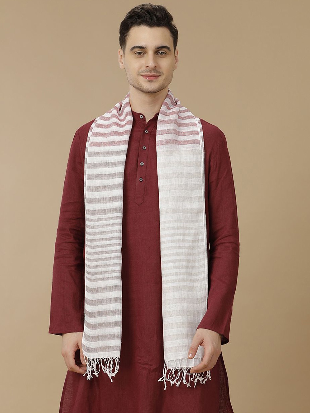 

Linen Club Unisex Striped Tasselled Stole, Red