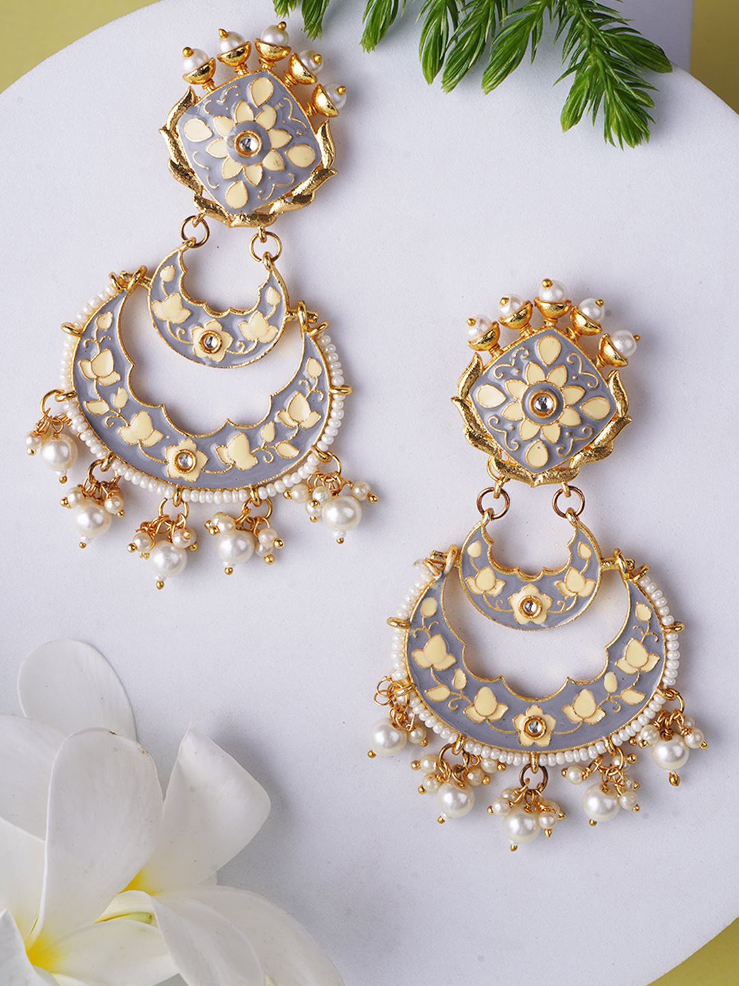 

Adwitiya Collection Gold-Plated Stone Studded Meenakari Classic Drop Earrings, Grey