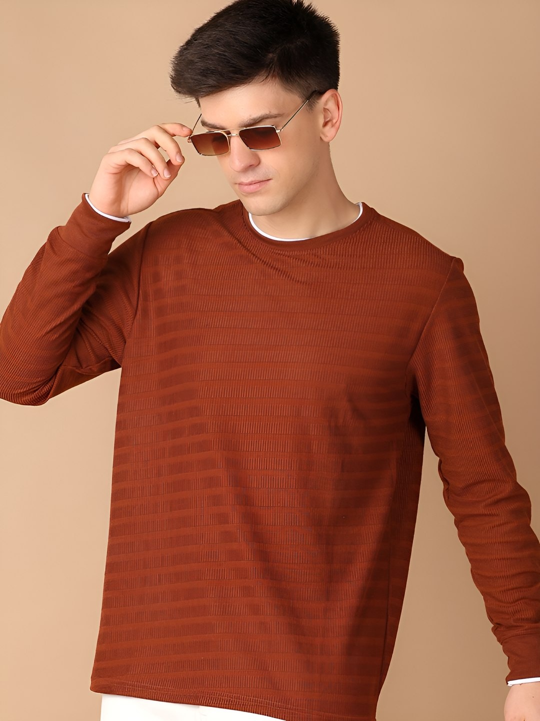

V-Mart Men Self Design Round Neck Cotton Slim Fit T-shirt, Brown