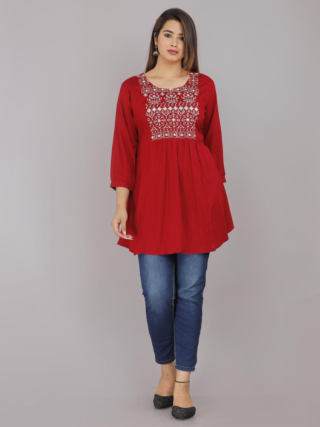 

KALINI Women Floral Embroidered Scoop Neck Top, Red
