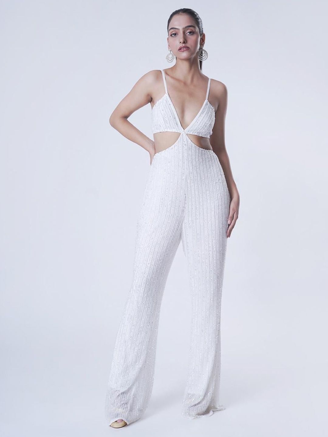 

UPGRADE Embellished Shoulder Straps Cut-Out Basic Jumpsuit, White