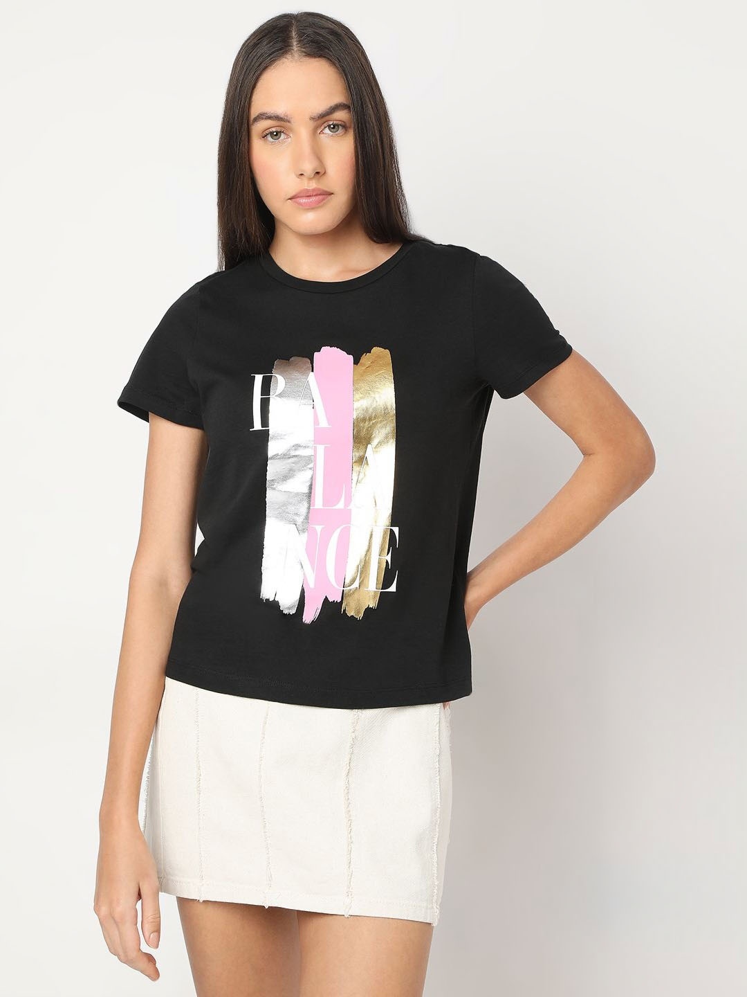 

Vero Moda Women Graphic Printed Round Neck Cotton T-shirt, Black