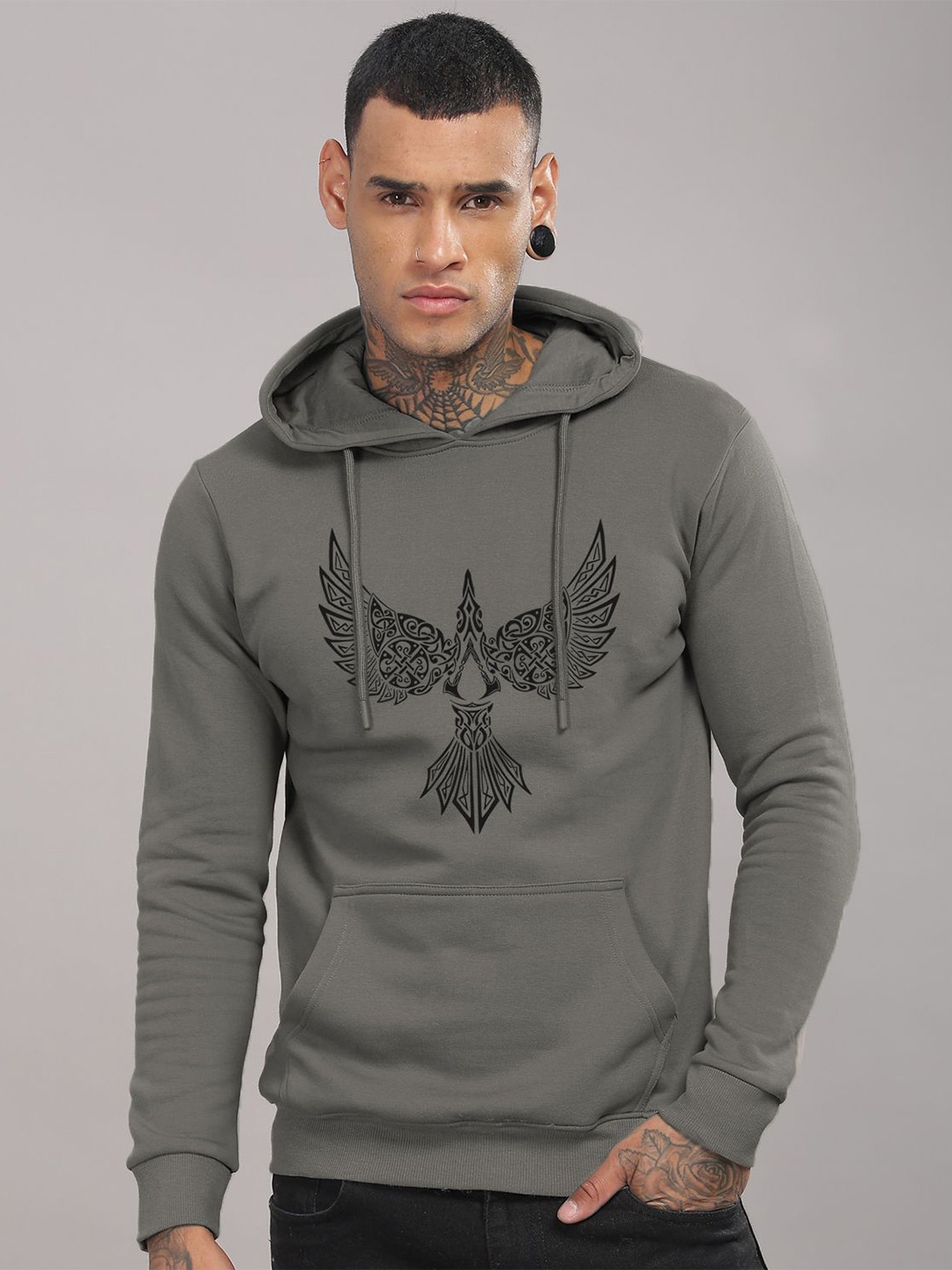 

ADRO Men Grey Cotton Printed Hooded Neck Long Sleeves Pullover Sweatshirt