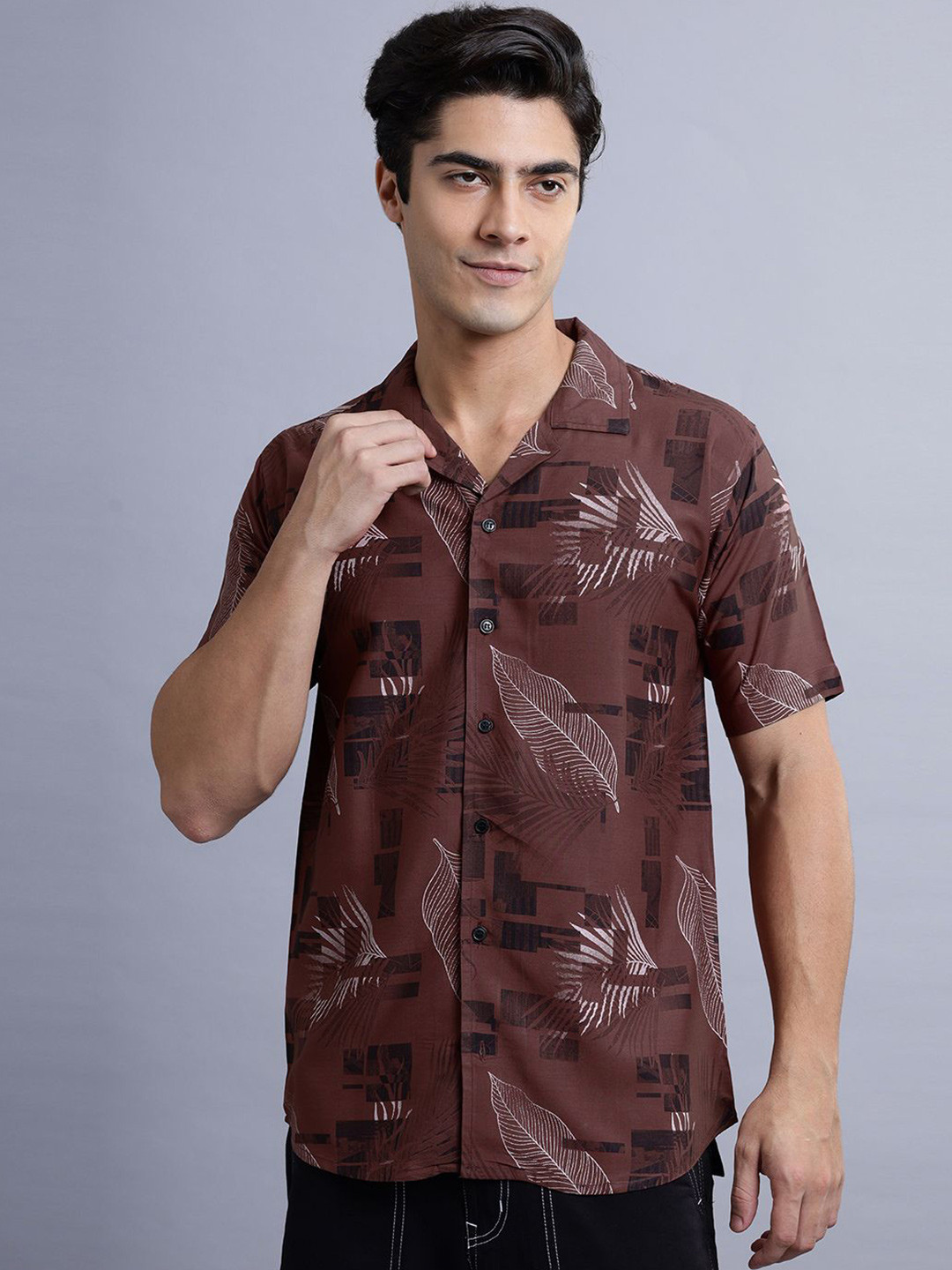 

N AND J Men Classic Spread Collar Floral Printed Cotton Casual Shirt, Brown