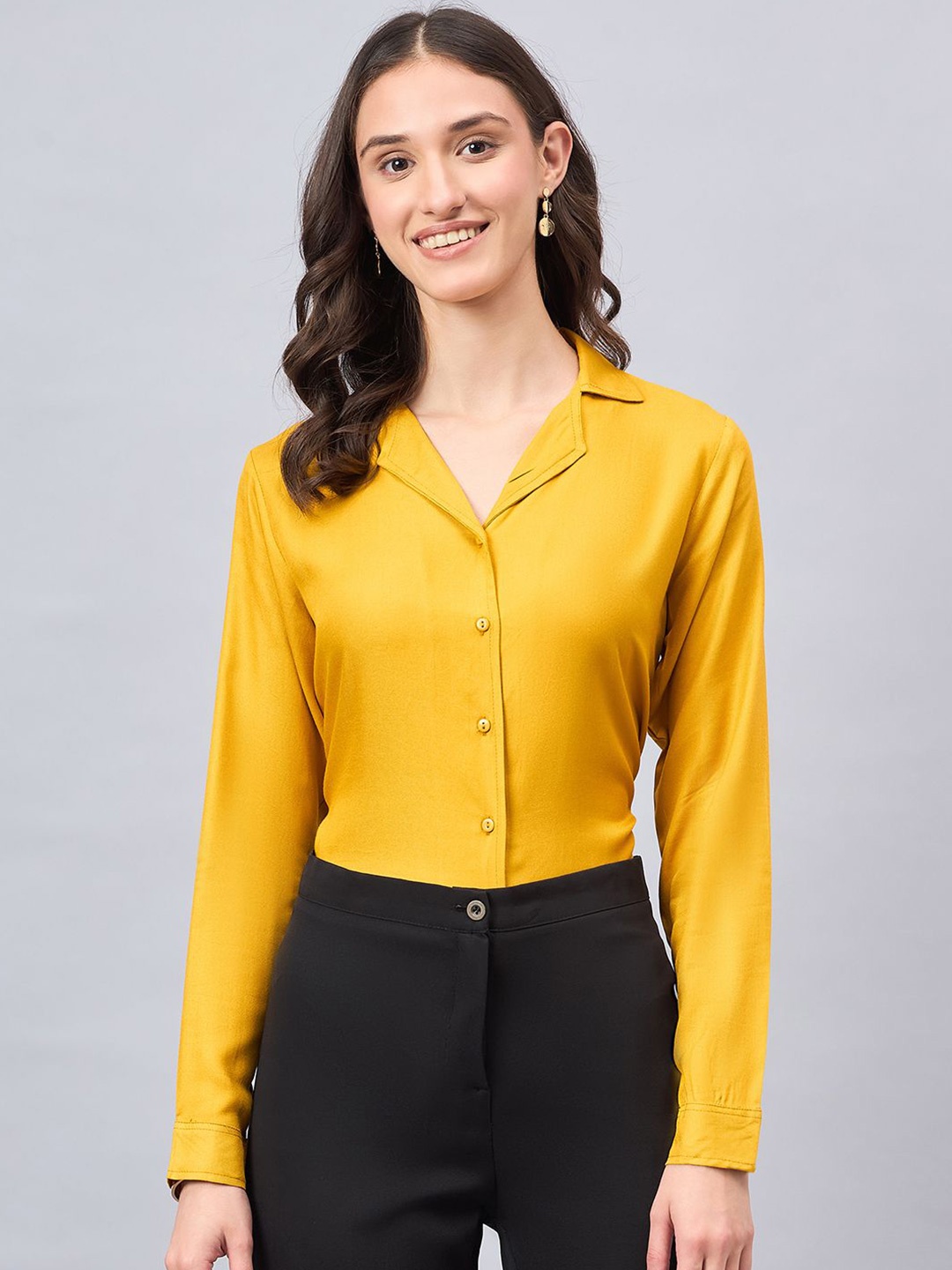 

Style Quotient Women Smart Cuban Collar Solid Formal Shirt, Mustard