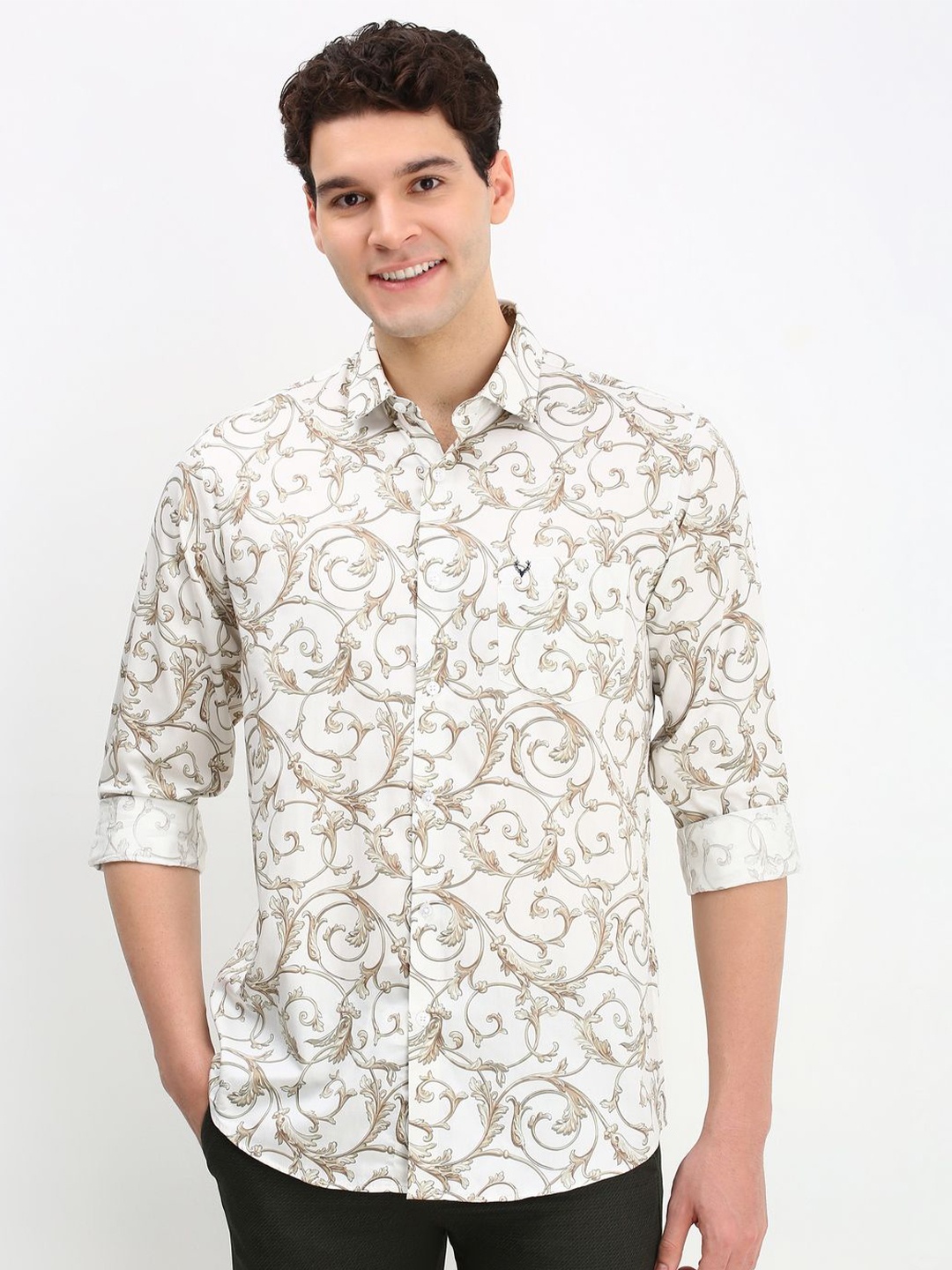 

Allen Solly Men Spread Collar Floral Printed Cotton Slim Fit Casual Shirt, Cream