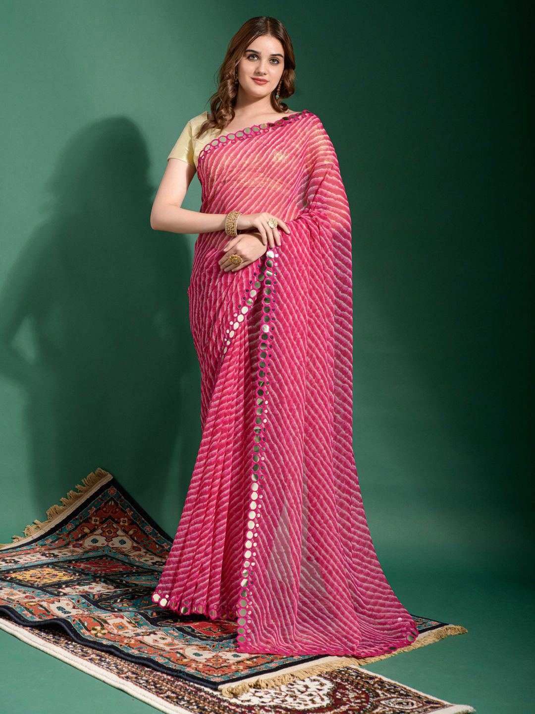 

Krimmple Leheriya Mirror Work Pure Chiffon Saree, Pink