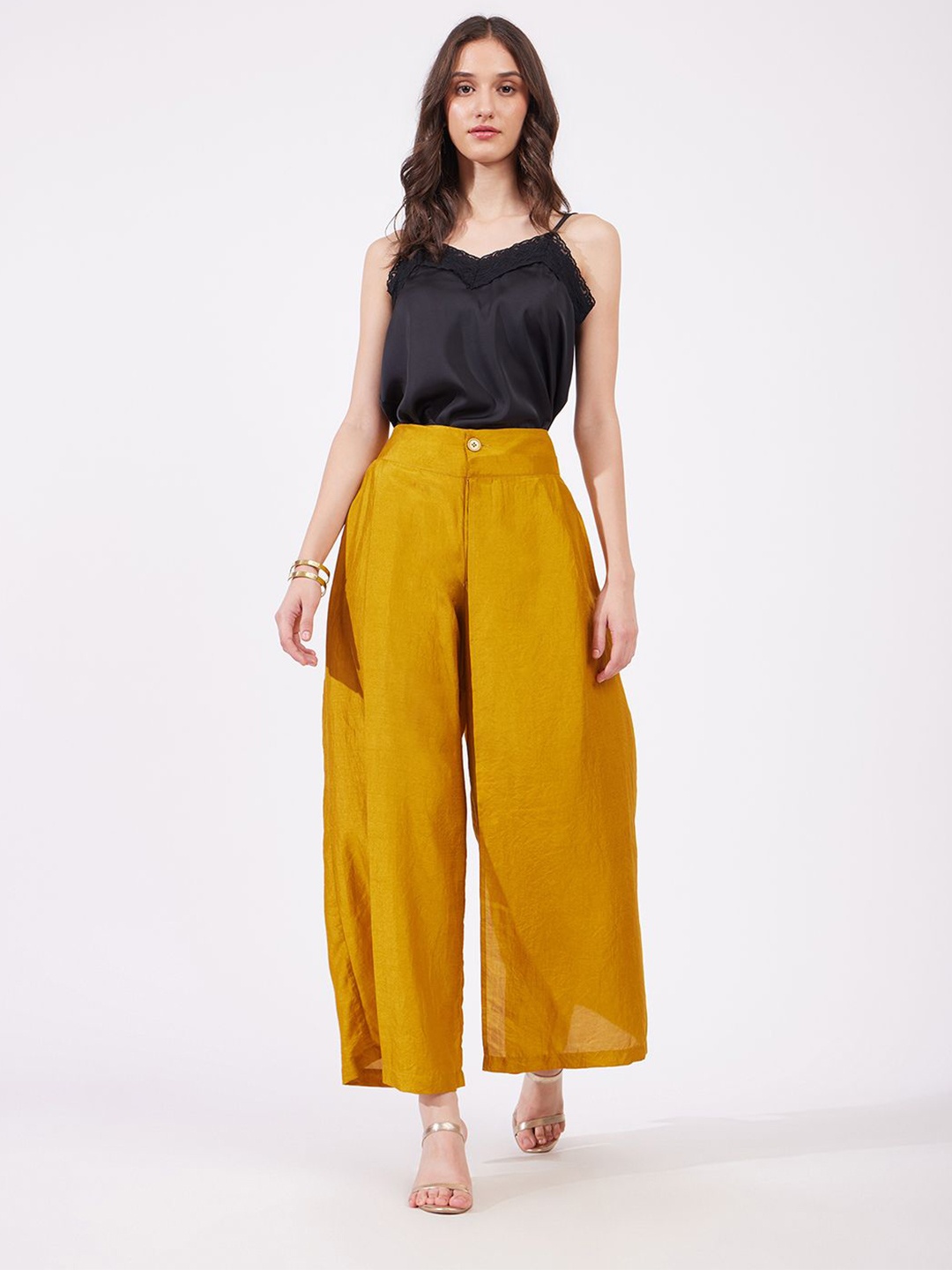 

FableStreet Women Loose Fit Wide Leg Trousers, Mustard