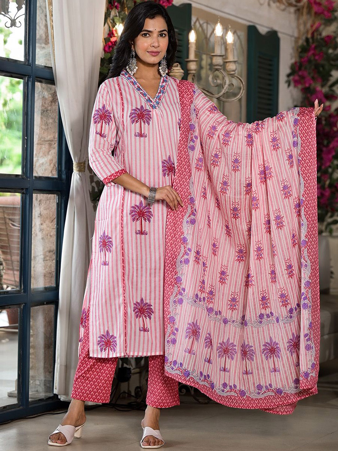 

Benaaz Ethnic Motifs Printed Pure Cotton Straight Kurta With Trousers & Dupatta, Pink