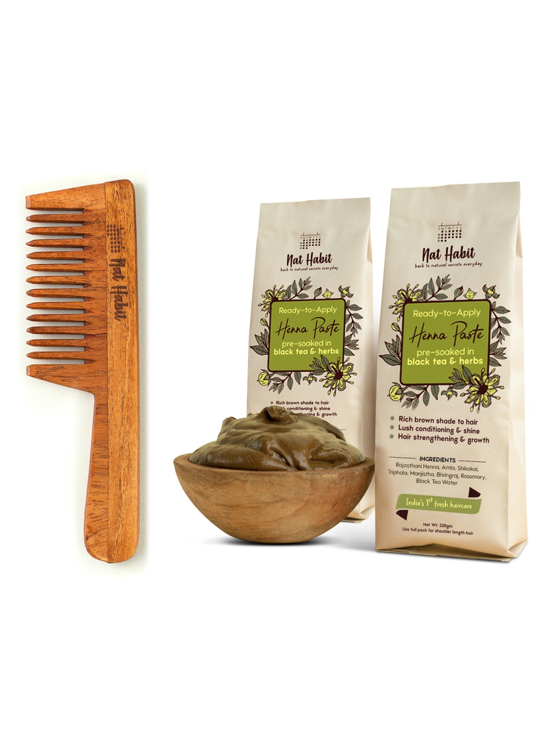 

Nat Habit Set of 1 Wide Tooth Kacchi Neem Comb & 2 Ready-To-Apply Henna Paste 220 g each, Brown